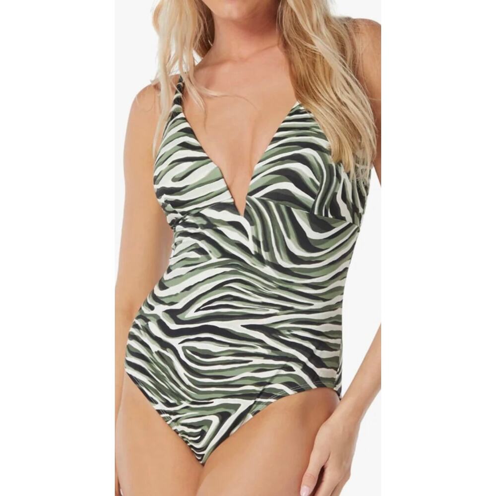 Coco Reef Wild Zebra Astra Plunge UW One Piece Swim Suit 34DD NWT